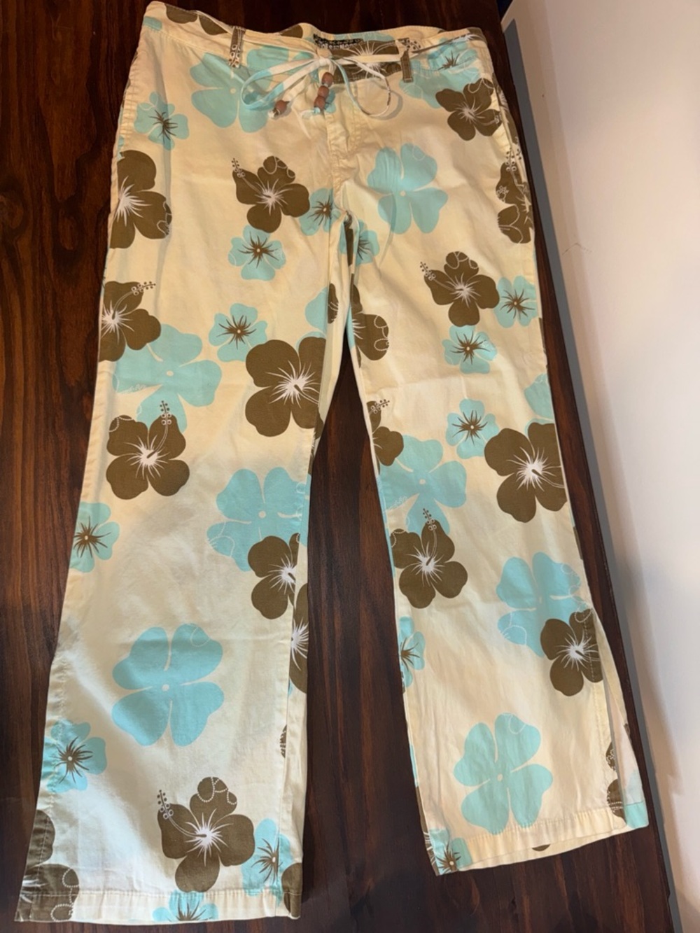 Juniors Ankle Floral Pants in Cream with Aqua & Brown